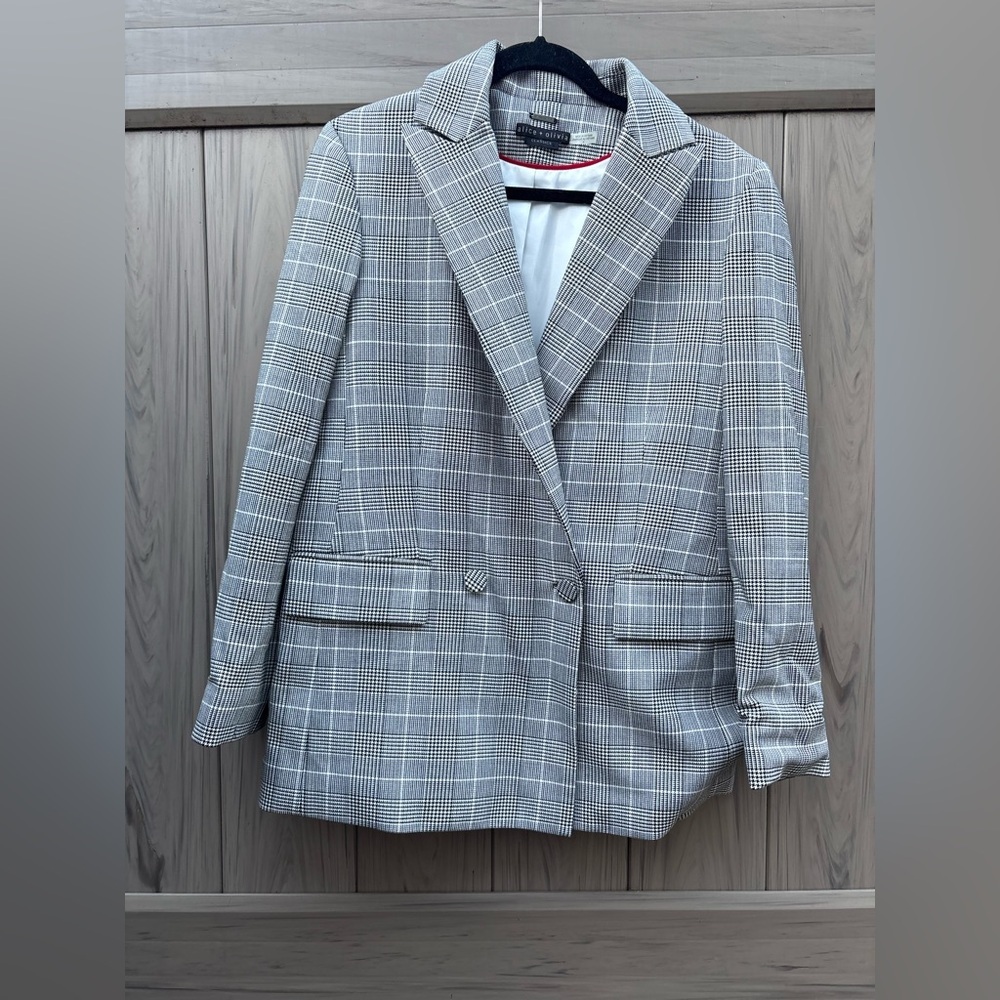 Alice + Olivia Arias Blazer Strong Shoulder Jacket Black White Glen Plaid - Picture 7 of 12